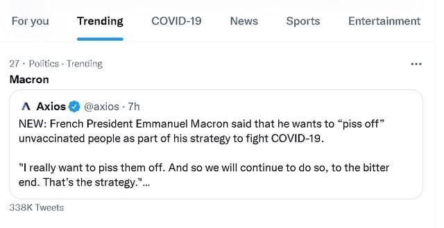 法国马克龙称要“气死”拒绝接种疫苗者：尽可能限制其社交活动！