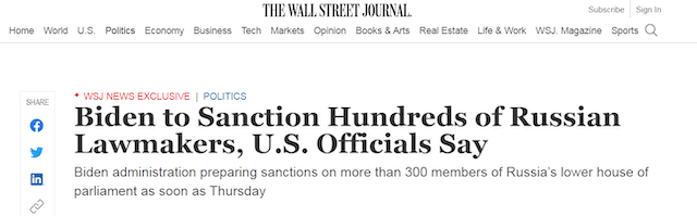 拜登将宣布对俄国家杜马300多名议员实施新制裁